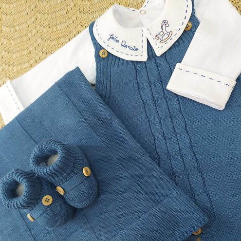 Saída De Maternidade Masculina Bebê Tricô Caio 7 Peças - ACOMPANHA BODY PERSONALIZADO À MÃO Azul Jeans