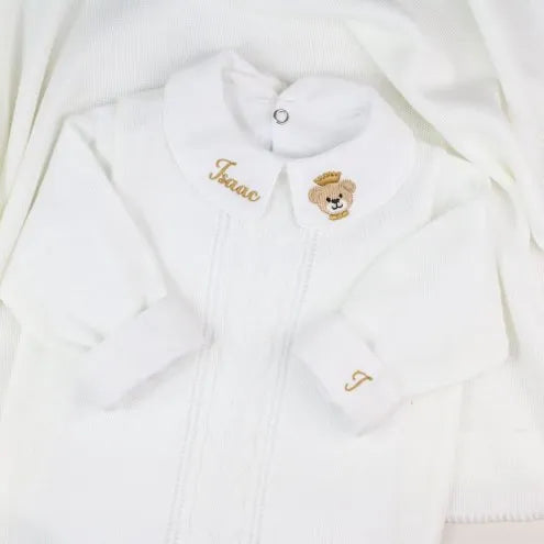 Saída De Maternidade Masculina Bebê Tricô 7 Peças Londres - ACOMPANHA BODY PERSONALIZADO Branco