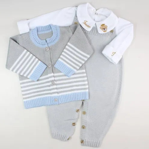 Saída De Maternidade Masculina Bebê Tricô 5 peças Versalhes - ACOMPANHA BODY PERSONALIZADO Cinza