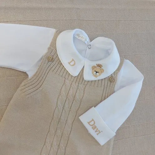 Saída De Maternidade Masculina Bebê Tricô Caio 7 Peças - ACOMPANHA BODY PERSONALIZADO Areia