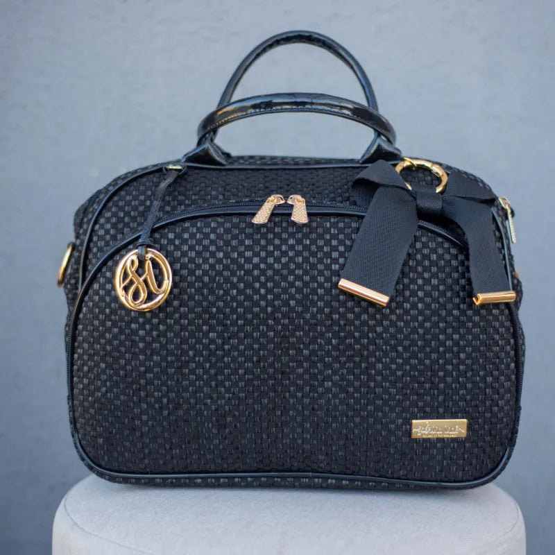Bolsa da Mamãe - Palha Preta com Detalhes em Couro Verniz