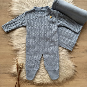 Saída Maternidade Trama Detalhe Ursinho 2 Peças Azul Pó