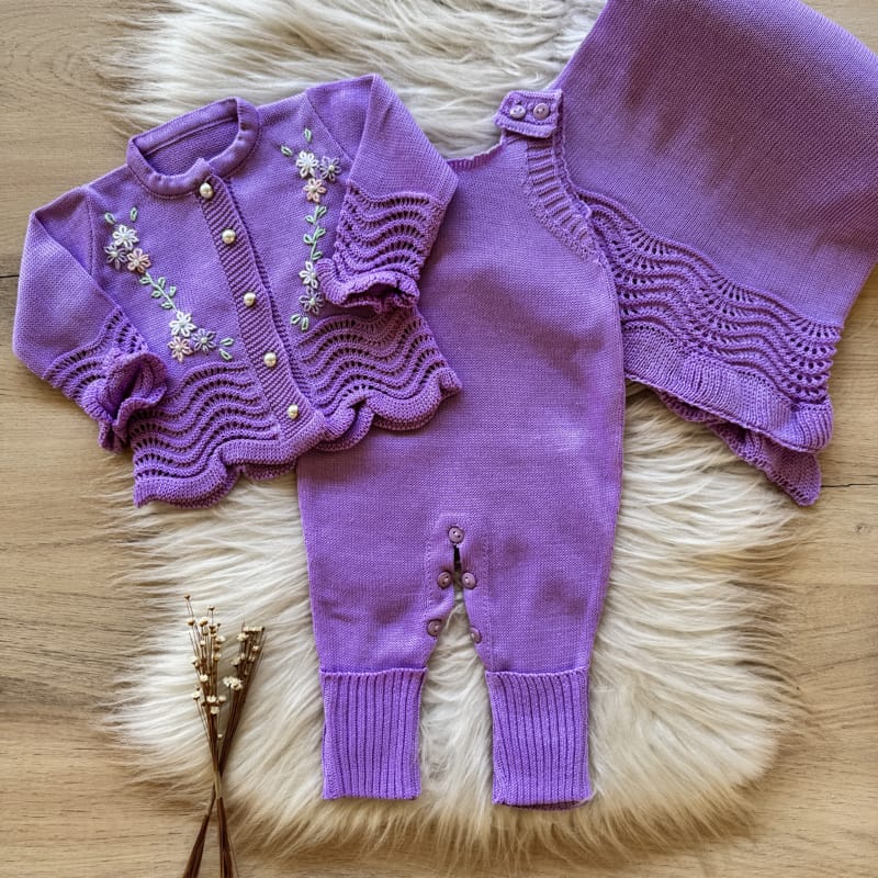 Saída Maternidade Bordada com Babados Ondulado 3 Peças Roxo