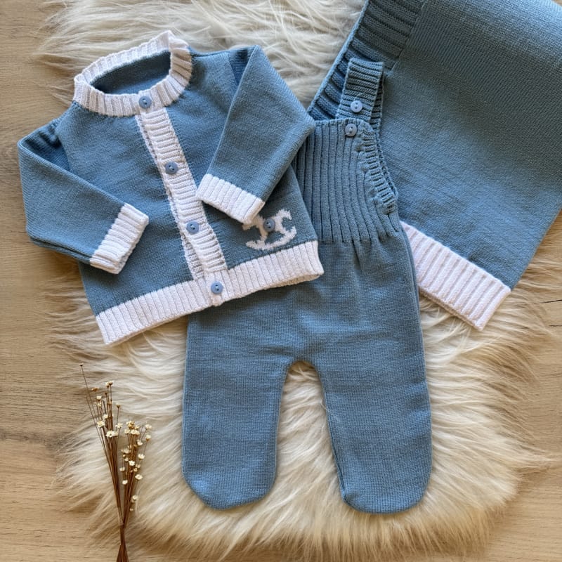 Saída Maternidade Detalhe Cavalinho 3 Peças Azul