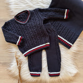 Saida Maternidade Trama Canelada Casaco Gola V, Calça e Manta Profundo