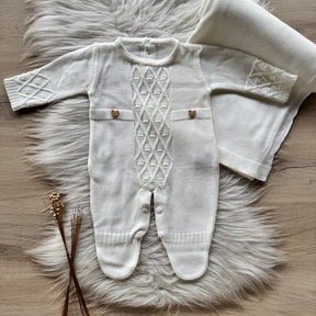 Saída Maternidade Bordado Trama Frontal com Bolhas 2 Peças Pérola