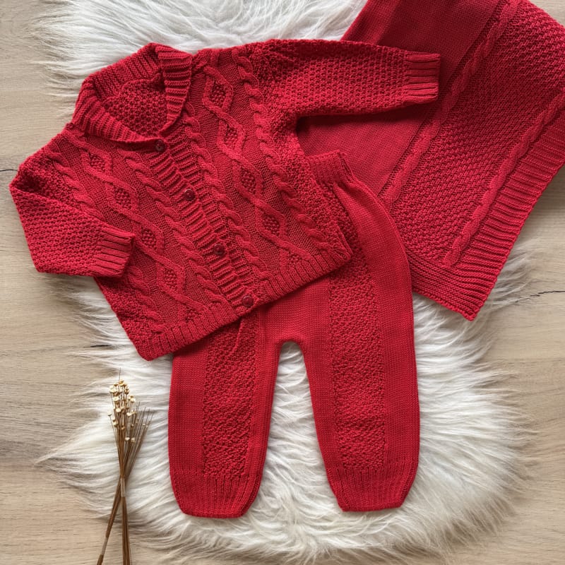 Saída Maternidade Casaco com Golinha e Trama Ondulada 3 Peças Vermelho