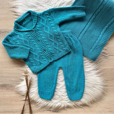 Saída Maternidade Casaco com Golinha e Trama Ondulada 3 Peças Turquesa