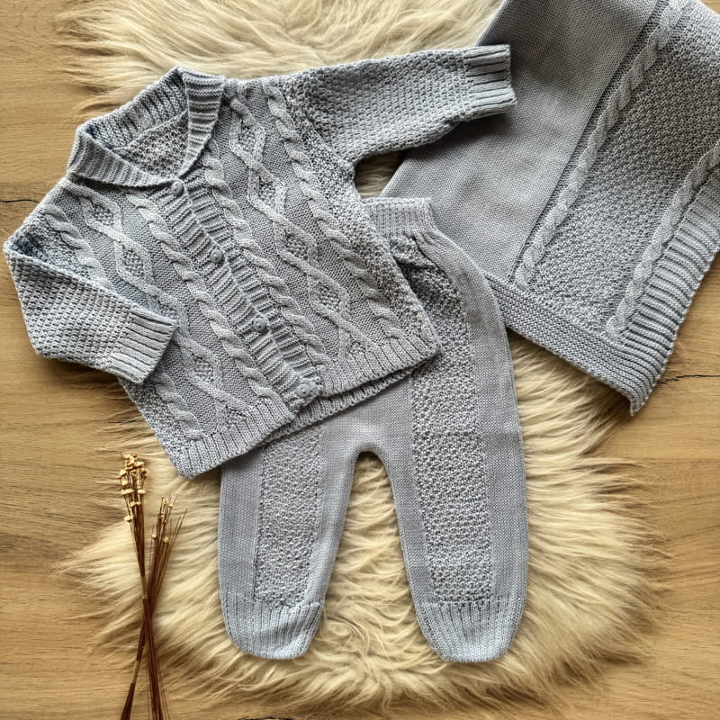 Saída Maternidade Casaco com Golinha e Trama Ondulada 3 Peças Azul Pó