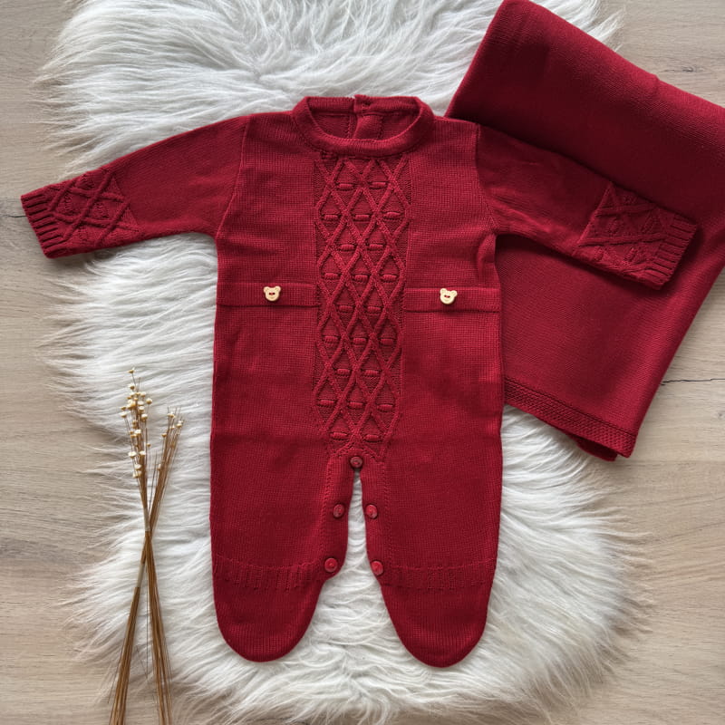 Saída Maternidade Bordado Trama Frontal com Bolhas 2 Peças Vermelho