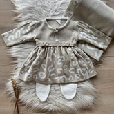 Saida Maternidade Laço e Botões Animal Print 3 Peças Bege