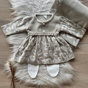 Saida Maternidade Laço e Botões Animal Print 3 Peças Bege