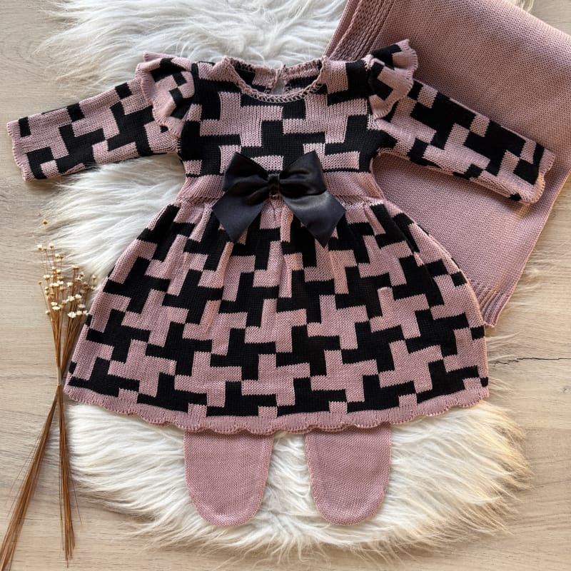 Saída Maternidade Bicolor com Laço Luxo 3 Peças Rosa Prata e Preto